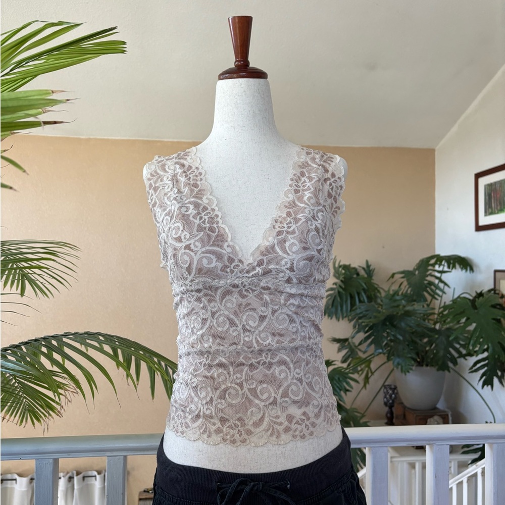 Vintage Tan/Beige Lined Lace Tank Top